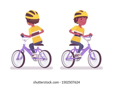 Boy child 7 to 9 year old, school age black kid riding a bicycle. Active schoolboy cyclist biking, recreation and sport activity. Vector flat style cartoon illustration isolated on white background