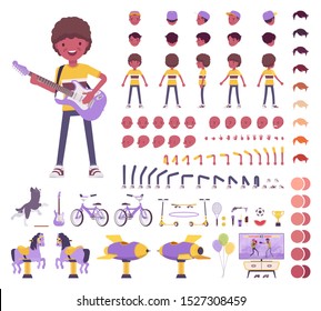 Boy child 7, 9 year old, school age black kid construction set, schoolboy, active guy in summer wear, fun, activities creation elements to build own design. Vector illustration