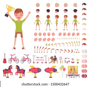 Boy child 7, 9 years old, school age kid construction set, schoolboy, active guy in summer wear, fun, activities creation elements to build your own design. Vector illustration