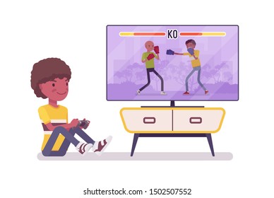 Boy child 7, 9 years old, console gaming black male school age kid. Schoolboy at screen, enjoys playing video games, free time fun. Vector flat style cartoon illustration isolated, white background