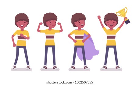 Boy child 7 to 9 years old, positive black male school age kid. Happy strong schoolboy with prize enjoying trophy, sport achievements. Vector flat style cartoon illustration isolated, white background