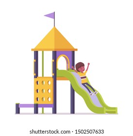 Boy child 7 to 9 years old, school age black kid sliding down. Active schoolboy enjoys fun and entertainment playing on playground. Vector flat style cartoon illustration isolated on white background