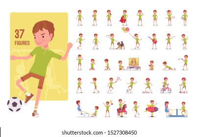 Boy child 7 to 9 years old, school age kid character set. Schoolboy, active guy in summer wear, fun and entertainment playing on playground. Full length, different views, gestures, emotions and poses