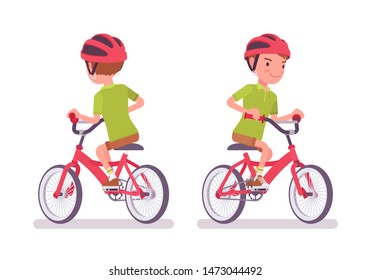 Boy child 7-9 year old, school age kid riding a bicycle. Active schoolboy cyclist enjoys biking, recreation and sport activity. Vector flat style cartoon illustration isolated on white background