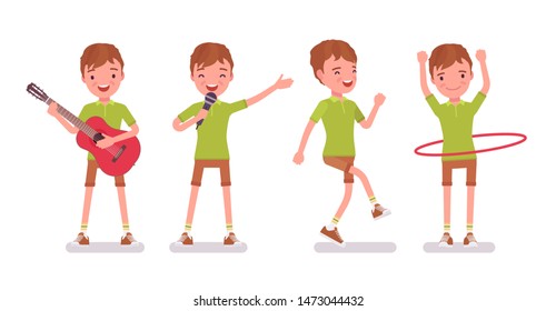 Boy child 7-9 years old, male school age kid entertainment. Happy schoolboy has pleasure and delight with singing, guitar playing. Vector flat style cartoon illustration isolated, white background