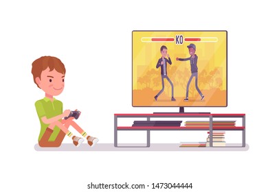 Boy child 7-9 years old, console gaming male school age kid. Schoolboy sitting at screen, enjoys playing video games, free time fun. Vector flat style cartoon illustration isolated, white background