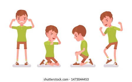 Boy child 7-9 years old, negative male school age kid. Unhappy angry schoolboy crying, feeling hurt and upset with bullying. Vector flat style cartoon illustration isolated on white background