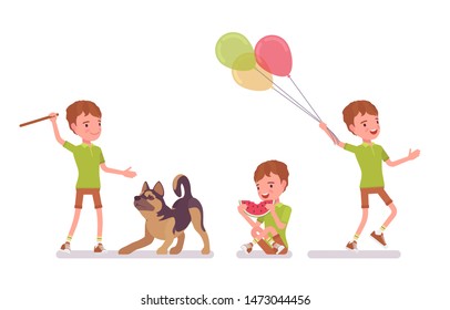 Boy child 7-9 years old, male school age kid activity. Schoolboy stick throwing for dog, enjoy eating watermelon, holding balloons. Vector flat style cartoon illustration isolated, white background