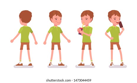 Boy child 7-9 years old, active male school age kid standing, drinking soda water, enjoy eating icecream. Vector flat style cartoon illustration isolated on white background, front and rear view