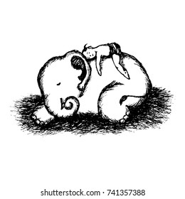 boy child and baby elephants vector hand drawn illustration design