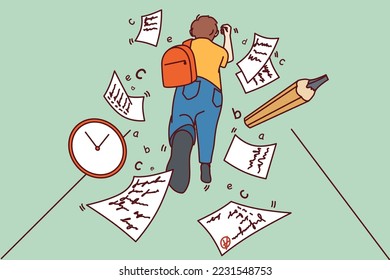 Boy child with backpack running to classroom miss deadline. Kid rush at school being late for lesson. Education problem. Vector illustration. 