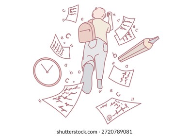 Menino com mochila correndo para sala de aula perde prazo. O garoto corre para a escola atrasando-se para a aula. Problema de educação. Ilustração vetorial.
