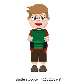 boy child with backpack utensil in the hand