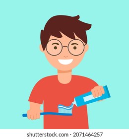 Boy Child Brushing Teeth In The Bathroom In Flat Design. Kids Cleaning Teeth To Prevent Tooth Decay. Dental Hygiene With Toothbrush And Toothpaste.