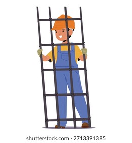 Niño niño constructor personaje de dibujos animados con casco protector y uniforme instalando malla de refuerzo aislado en blanco. Niños y trabajo de cimientos de seguridad, Ilustración vectorial de edificios estructurales
