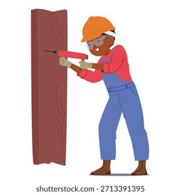 Personaje de dibujos animados del niño constructor que lleva el sombrero duro y la pared de perforación uniforme aislados en el fondo blanco. Kid que proporciona Ilustración vectorial profesional de mejoras para el hogar y trabajos de construcción