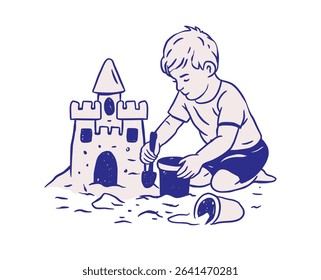 Boy Child Building Sandcastle Beach Kid Retro Sketch Whimsical Doodle Cartoon Illustration