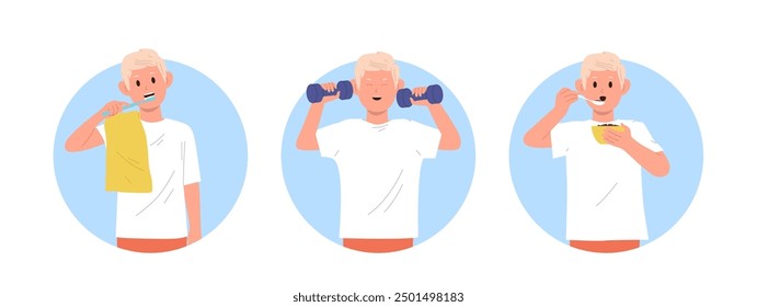 Boy child cartoon character daily morning routine, healthy lifestyle habits round composition set