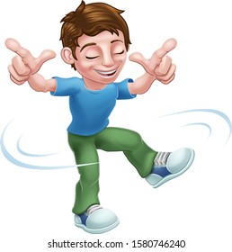 Boy child cartoon kid character happily dancing