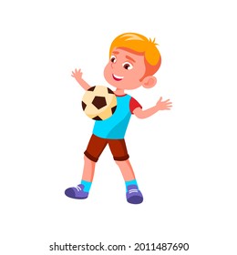 Boy Child Catching Soccer Ball On Chest Vector. Caucasian Kid Player Play Football And Catch Ball On Chest. Team Sport Game On Stadium. Character Infant Sportive Activity Flat Cartoon Illustration