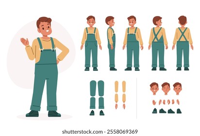 Boy child character constructor for animation. Front, side and back view set. Body parts, postures, poses collection. Vector illustration.