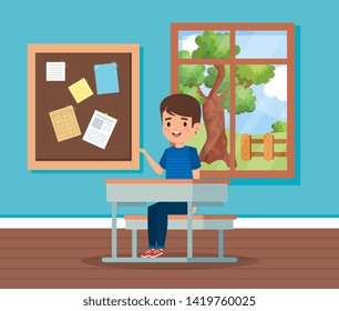 boy child in the classroom with window and desk