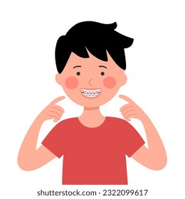 Boy child with dental braces in flat design on white background. Orthodontic teeth concept vector illustration.