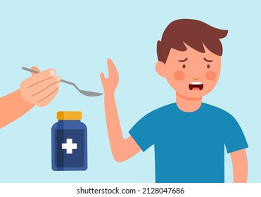 Boy child does not want to take medicine in flat design.