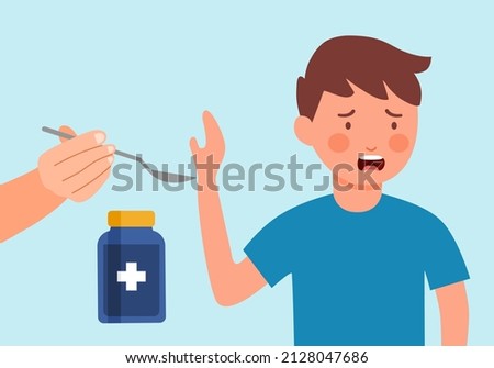 Boy child does not want to take medicine in flat design.