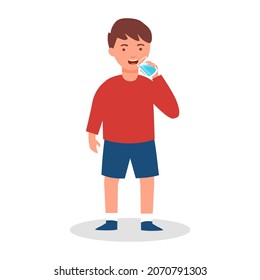 Boy child drinking water in flat design on white background. Drink more water for good health.