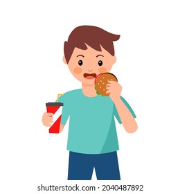 Boy child eating hamburger and drinking soft drink in flat design on white background. Kids enjoy eating fast food.