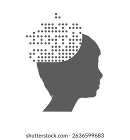 Boy, child face profile with pixels in his head. Concept of emotional intellect, digital addiction, detox.