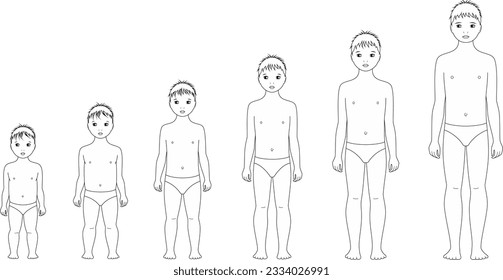 Boy child figure from 1 to 10 years old. Changes in proportions. Children growth silhouette. Fashion croquis template drawing. Vector illustration.