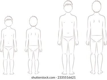 Niño de 6 y 10 años. Silhouette delantera y trasera. Cambios en las proporciones. Crecimiento infantil. Croquis de moda. Ilustración vectorial.