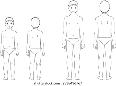 Boy child figure at 6 and 10 years old. Front and back silhouette. Changes in proportions. Children growth. Fashion croquis. Vector illustration.