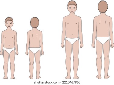 Boy child figure. Body proportions at 6 and 10 years old. Front and back. Fashion croquis template for technical drawing. Vector illustration.