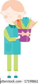 Boy child with flowers in his hands, isolate. Gift, greeting, holidays