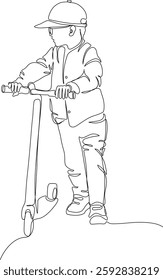 Boy child in glasses and cap walking with scooter. Continuous line drawing. Black and white vector illustration in line art style.