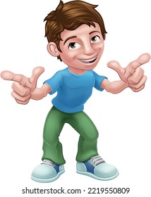 A boy child happy kid cartoon character pointing with both hands