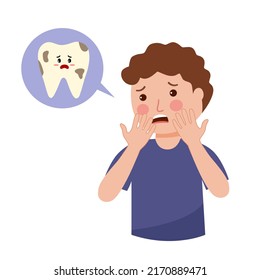 Boy child having toothache painful character in flat design. Dental problem and treatment concept.