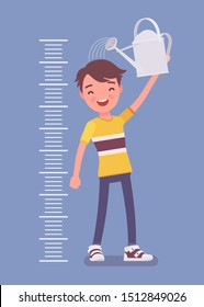 Boy at child height growth chart with watering can. Happy schoolboy pouring water over his head to grow bigger, older and taller, kid developing into teenager. Vector flat style cartoon illustration
