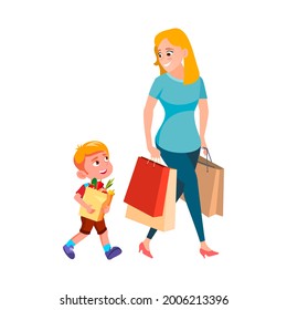 Boy Child Help Woman Carrying Shopping Bag Vector. Polite Son Kid Help Mother Carry Shopping Bag Packages With Grocery Food, Infant With Good Manners. Characters Flat Cartoon Illustration