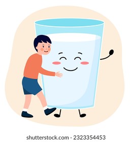 Boy child hugging milk glass in flat design.