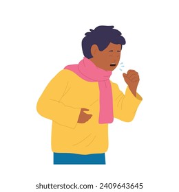 Boy child isolated cartoon character with scarf wrapped around neck suffering from strong cough