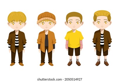 Boy Child Kid Standing Clothes Hair Front Vector Cartoon Set