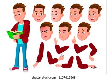 Boy, Child, Kid, Teen Vector. Friend. Clever Positive Person. Face Emotions, Various Gestures. Animation Creation Set. Isolated Flat Cartoon Character Illustration

