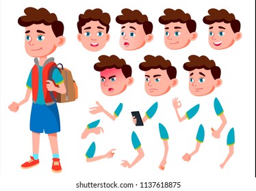 Boy, Child, Kid, Teen Vector. Beautiful. Youth, Caucasian. Face Emotions, Various Gestures. Animation Creation Set. Isolated Flat Cartoon Character Illustration