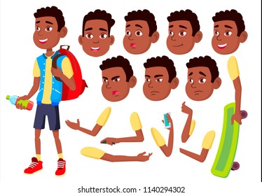 Boy, Child, Kid, Teen Vector. Happy Childhood. Black, Afro American. Face Emotions, Various Gestures. Animation Creation Set. Isolated Flat Cartoon Character Illustration