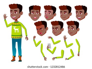 Boy, Child, Kid, Teen Vector. Cheerful Pupil. Black. Afro American. Face Emotions, Various Gestures. Animation Creation Set. Isolated Flat Cartoon Character Illustration
