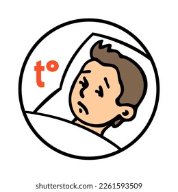 Boy child lies in bed with high temperature. Viral cold disease, a symptom of the disease. Pediatrics and treatment. Cartoon vector art illustration. Hand drawn outline sketch black and white
